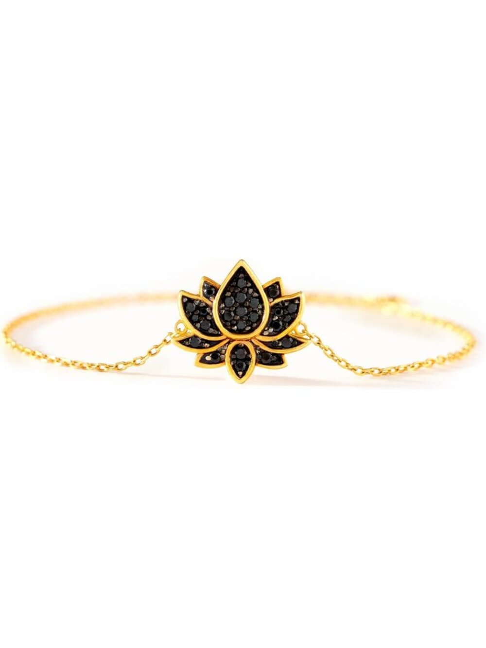 Dainty 18K Gold Plated Lotus Charm Bracelet for Women, Black CZ Jewelry Gift